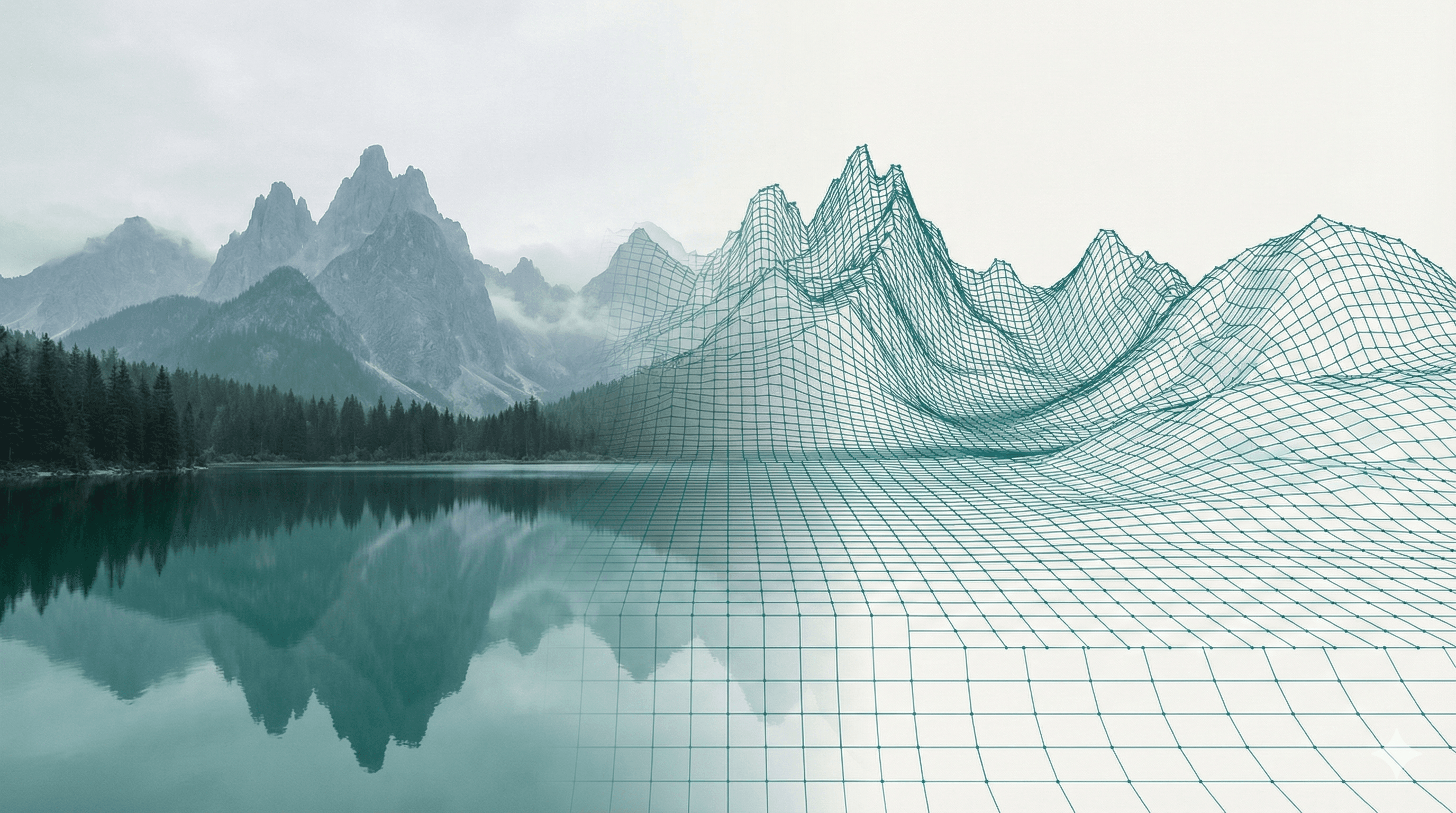 Mountain range dissolving into wireframe mesh data visualization